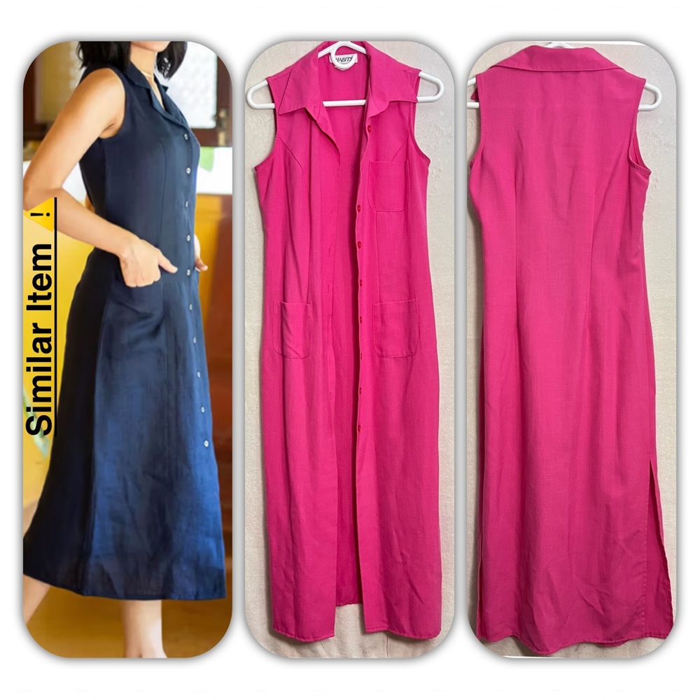 Vintage Habits Lagenlook Sleeveless Button-Front Pink Fuchsia Shirt Dress S-8P